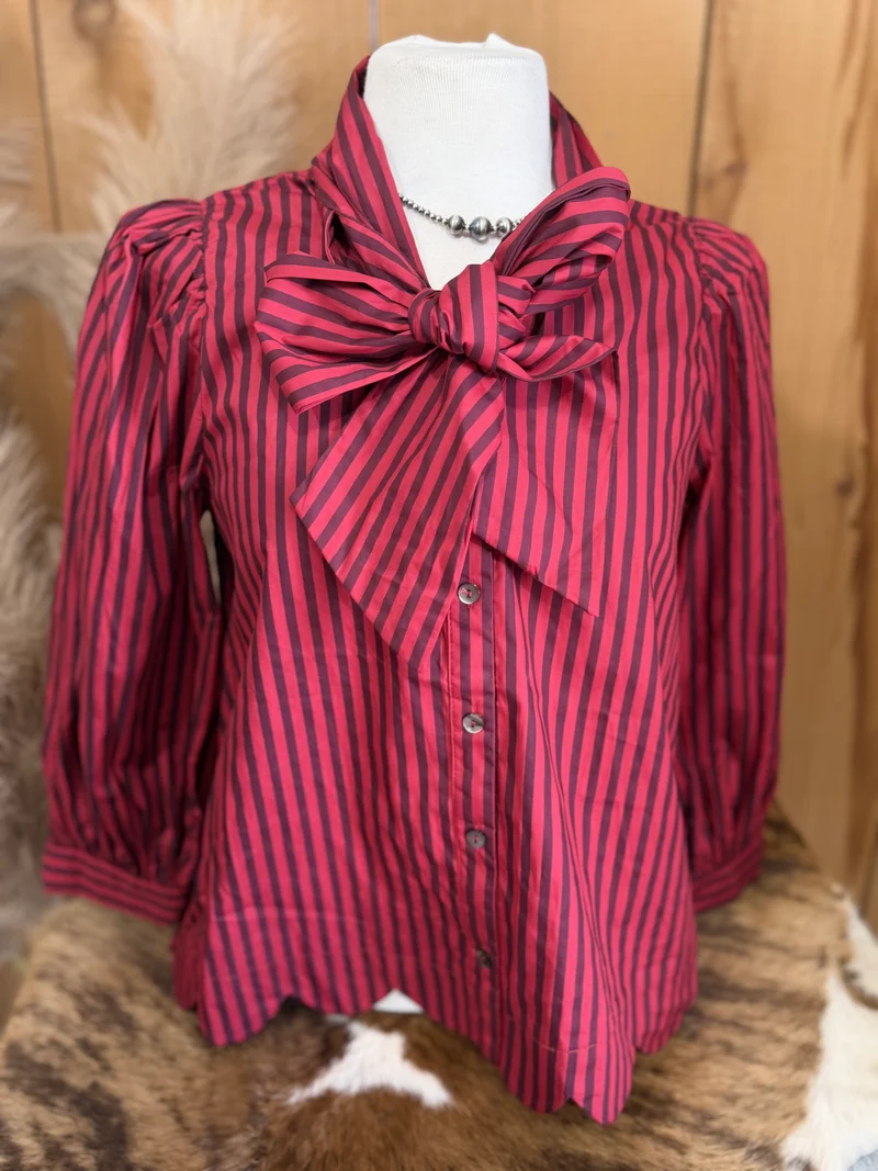 Red/Brown 3/4 Sleeve Button Up Bow Top