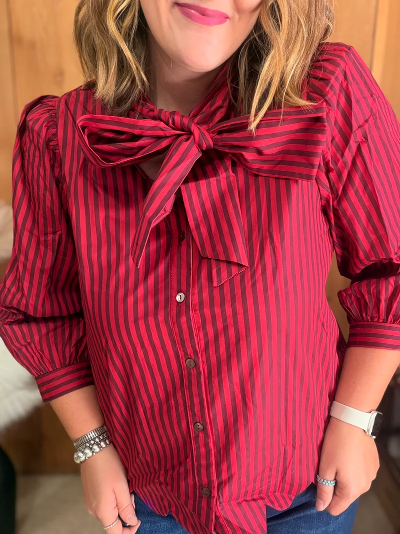 Red/Brown 3/4 Sleeve Button Up Bow Top