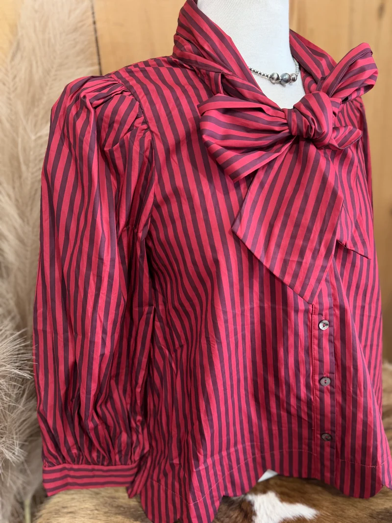 Red/Brown 3/4 Sleeve Button Up Bow Top