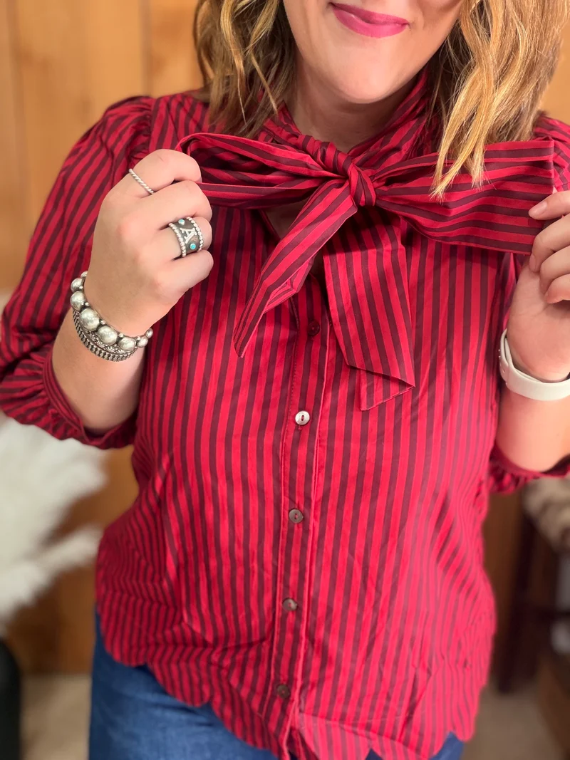 Red/Brown 3/4 Sleeve Button Up Bow Top