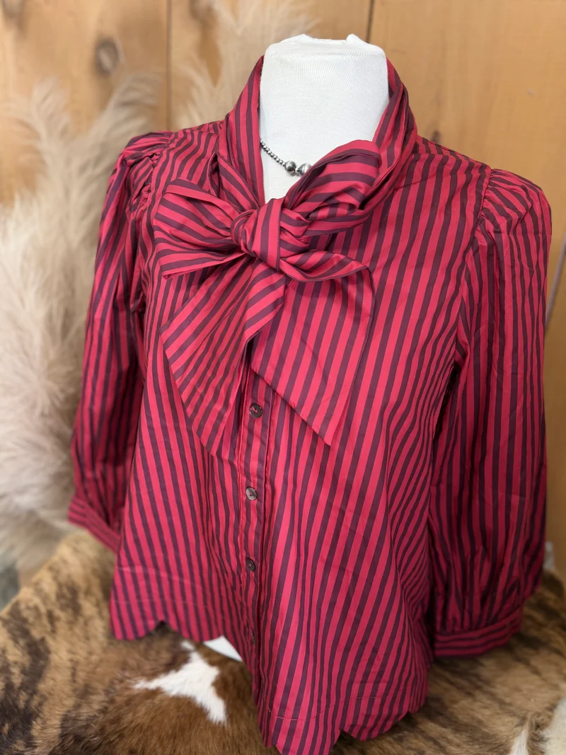 Red/Brown 3/4 Sleeve Button Up Bow Top