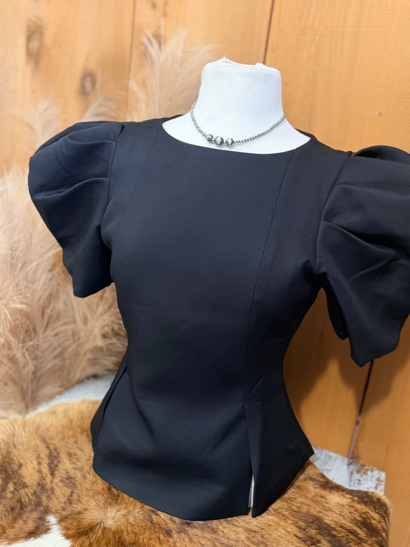 Black Puff Sleeve Pleated Top