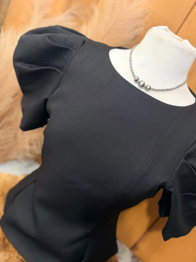Black Puff Sleeve Pleated Top