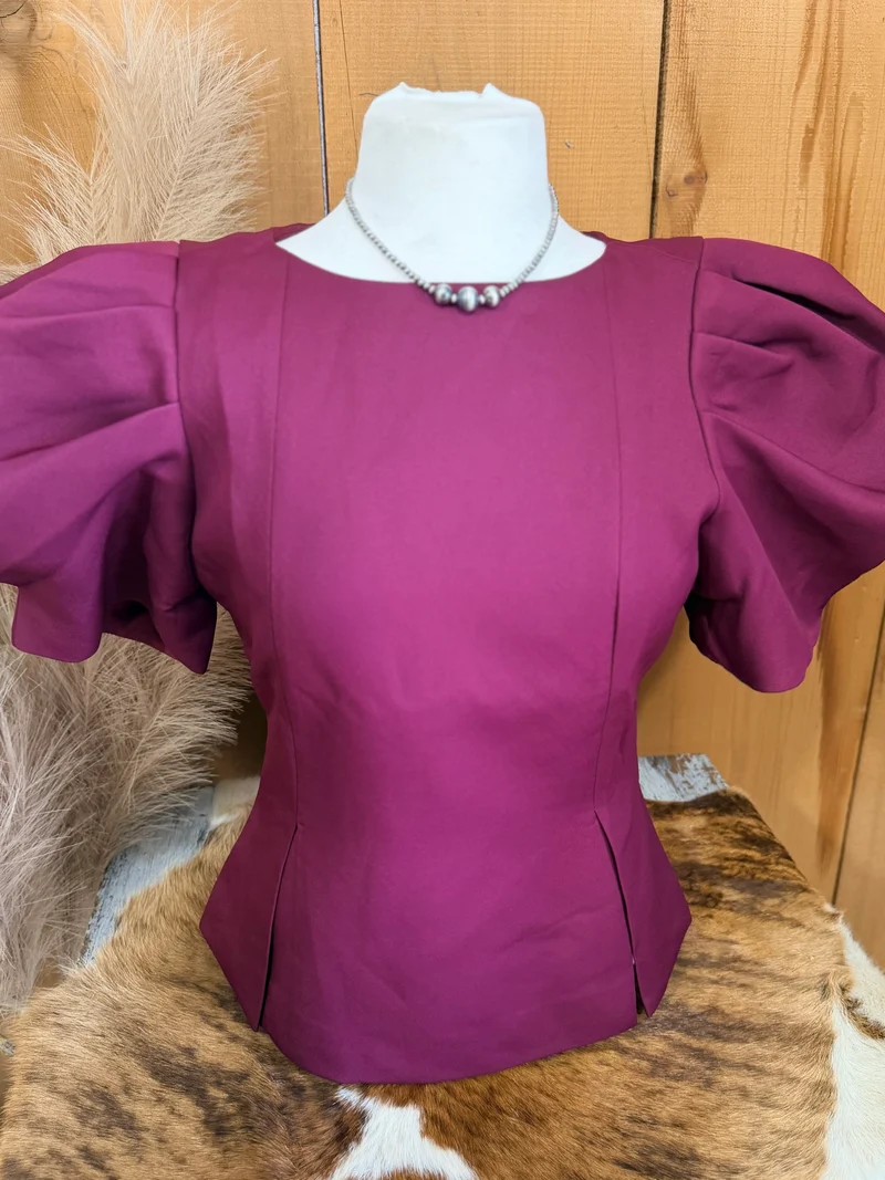 Burgundy Puff Sleeve Pleated Top