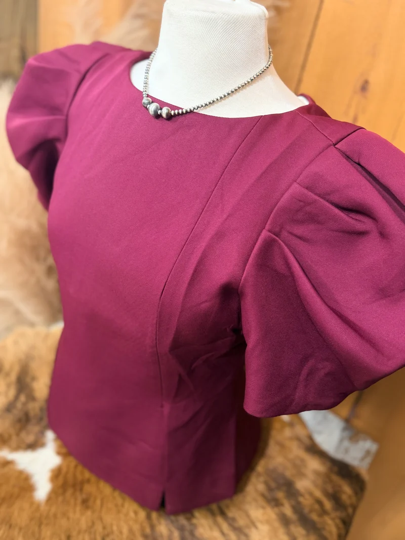 Burgundy Puff Sleeve Pleated Top