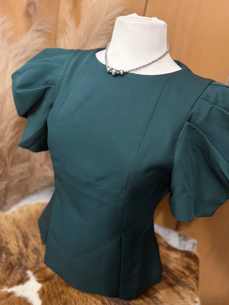 Hunter Green Puff Sleeve Pleated Top