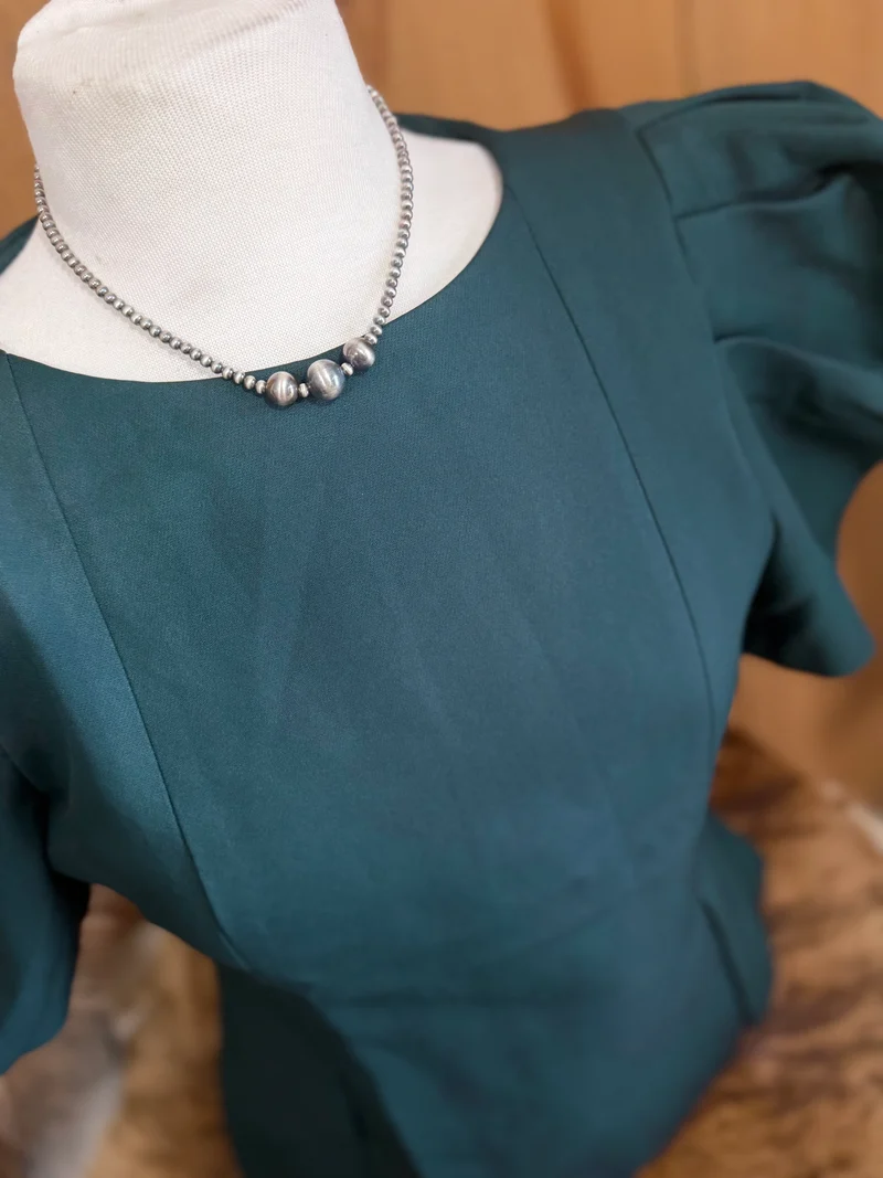 Hunter Green Puff Sleeve Pleated Top