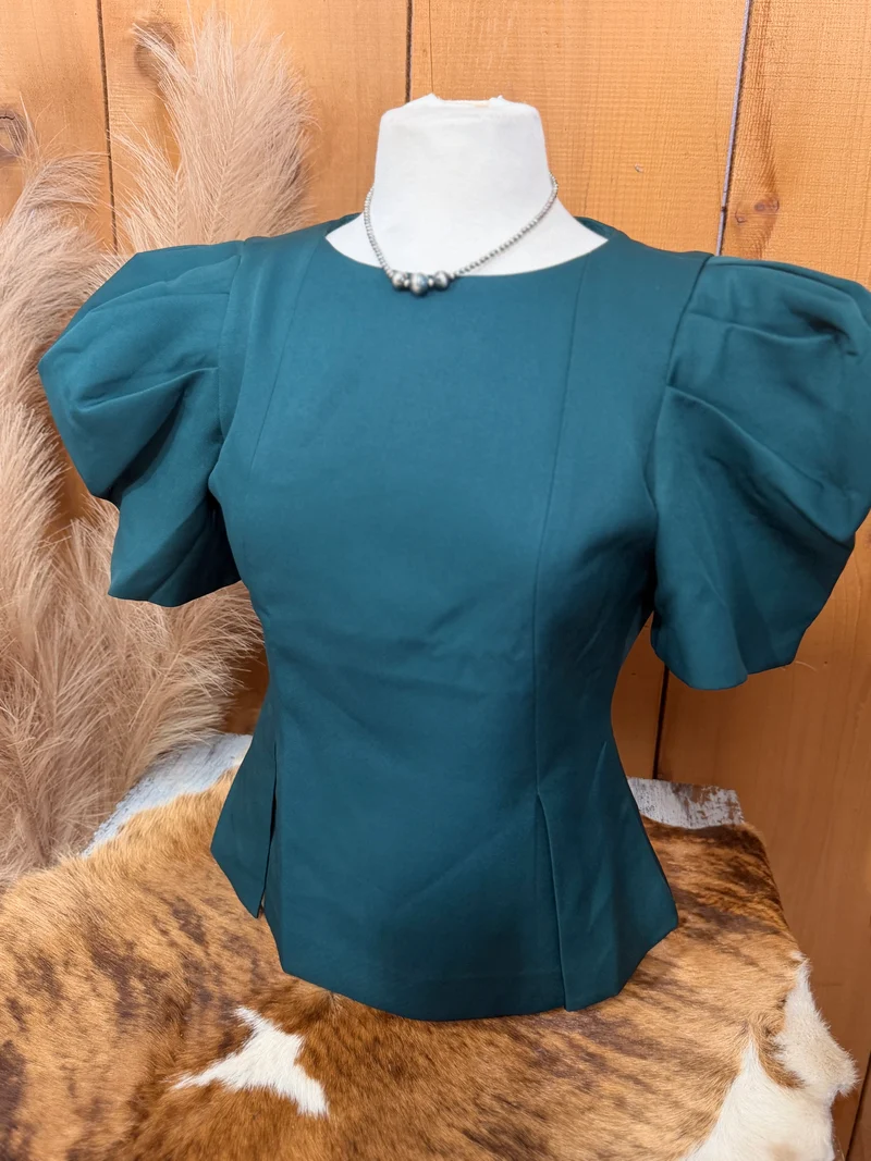 Hunter Green Puff Sleeve Pleated Top