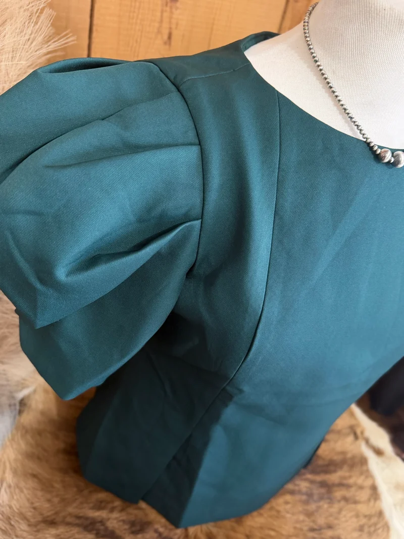 Hunter Green Puff Sleeve Pleated Top