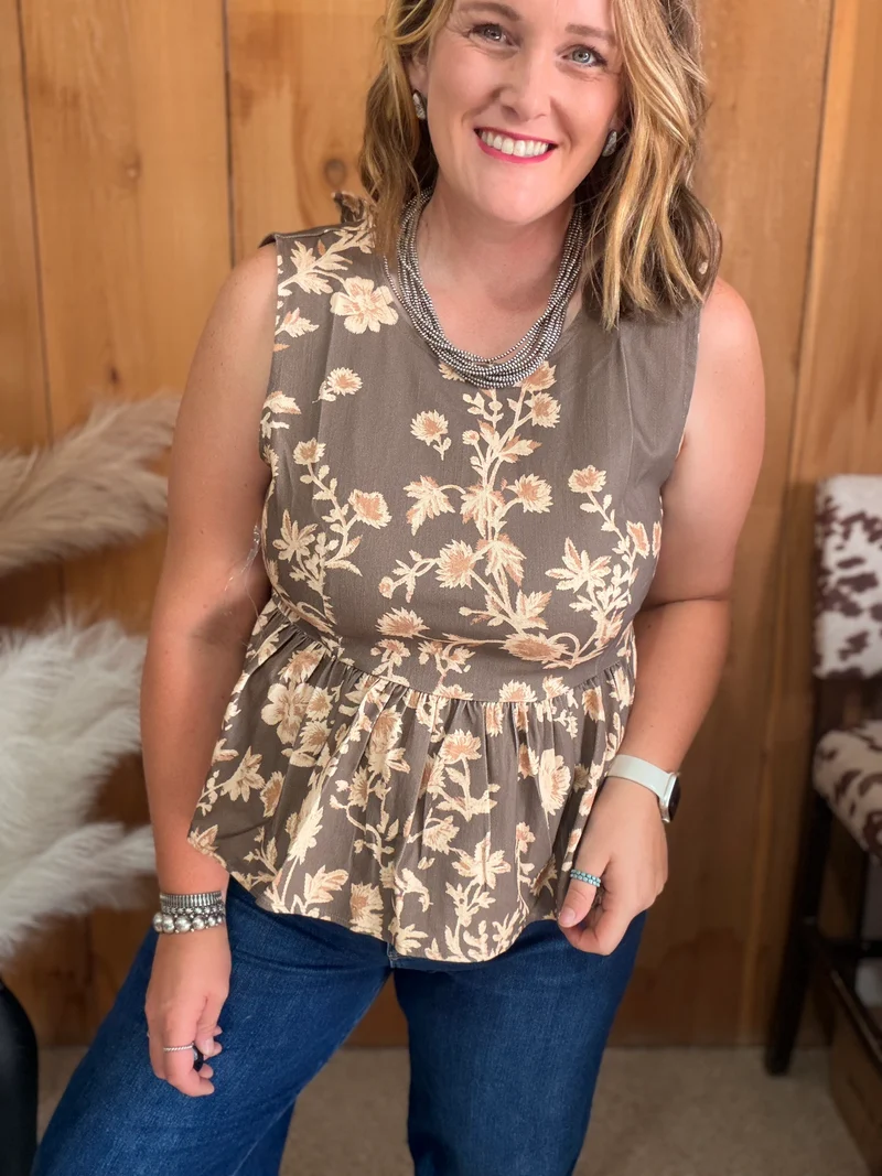 Brown Floral Peplum Tank