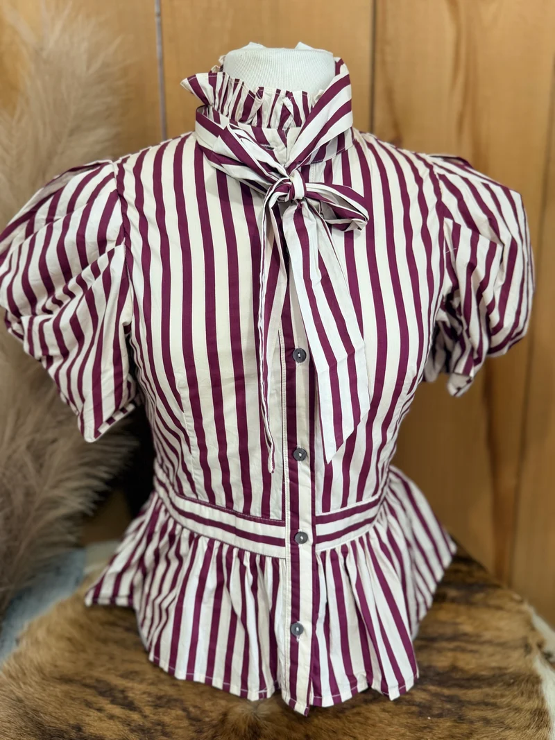 Striped Peplum Button Up Top with Removable Bow *wine