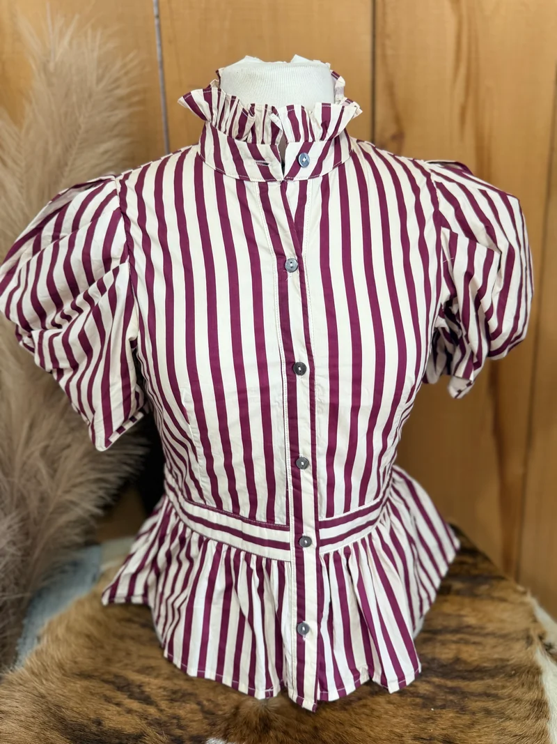 Striped Peplum Button Up Top with Removable Bow *wine