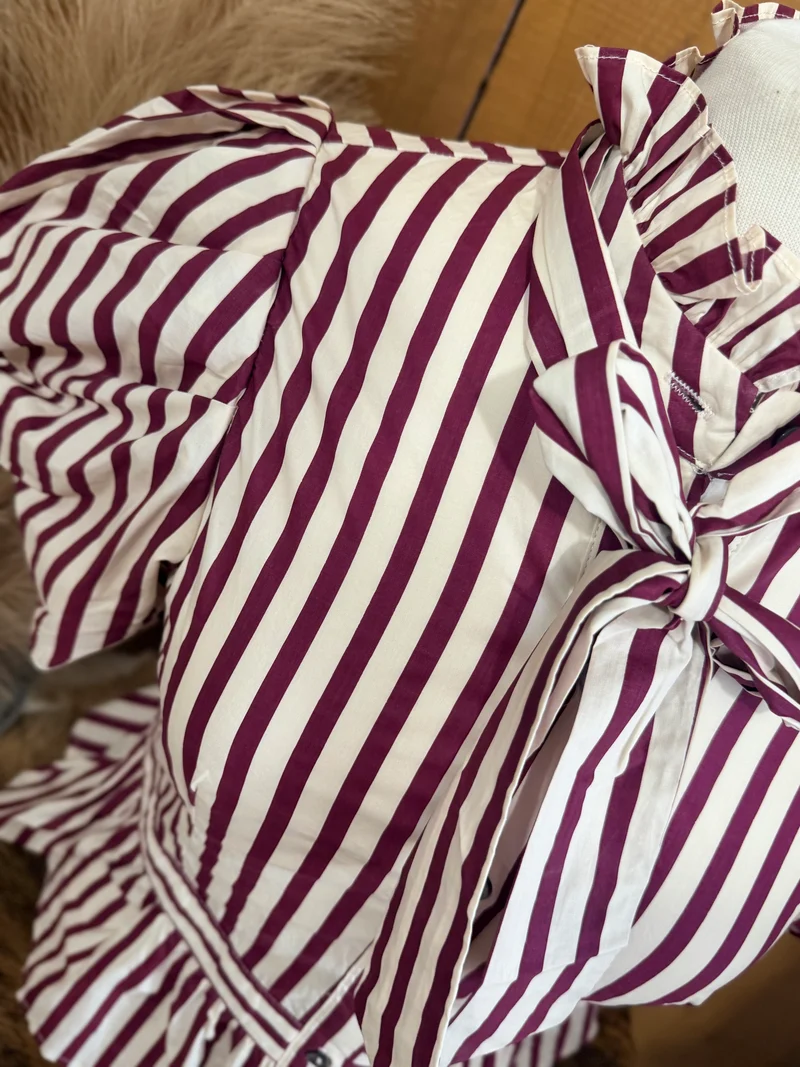 Striped Peplum Button Up Top with Removable Bow *wine