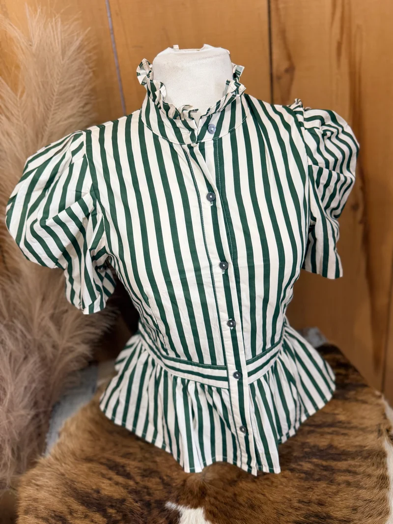 Striped Peplum Button Up Top with Removable Bow *olive
