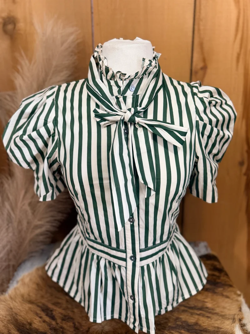 Striped Peplum Button Up Top with Removable Bow *olive