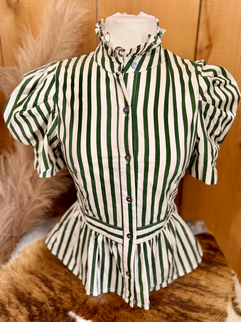 Striped Peplum Button Up Top with Removable Bow *olive