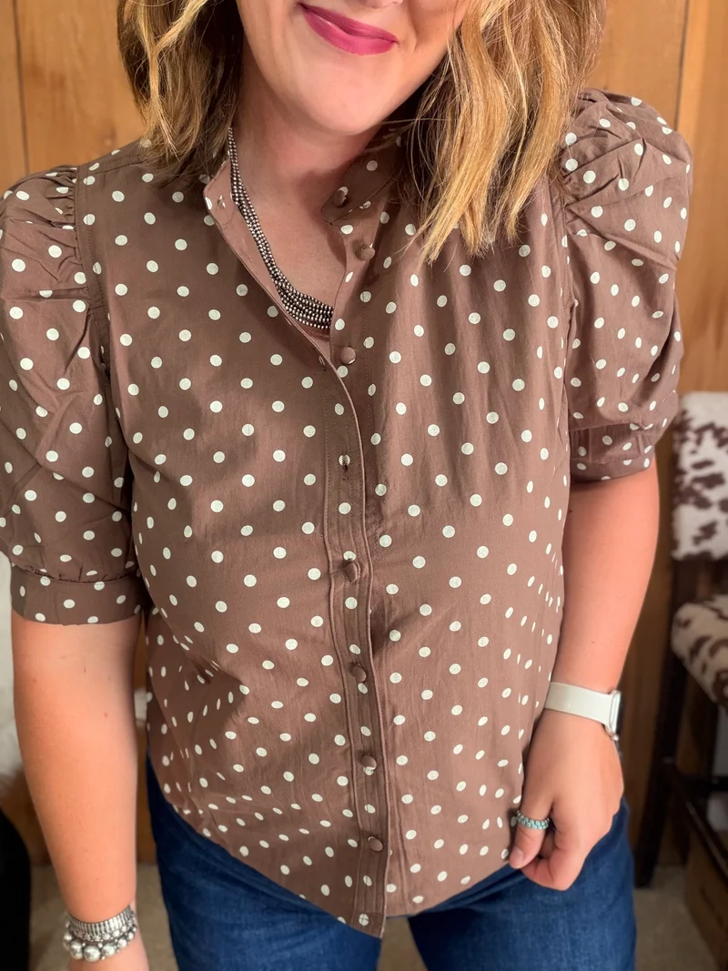 Mocha Polka Dot Button Down Top