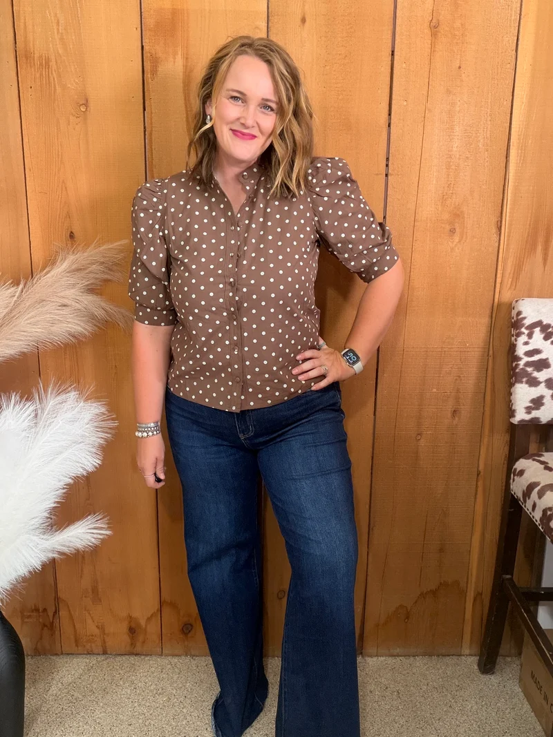 Mocha Polka Dot Button Down Top