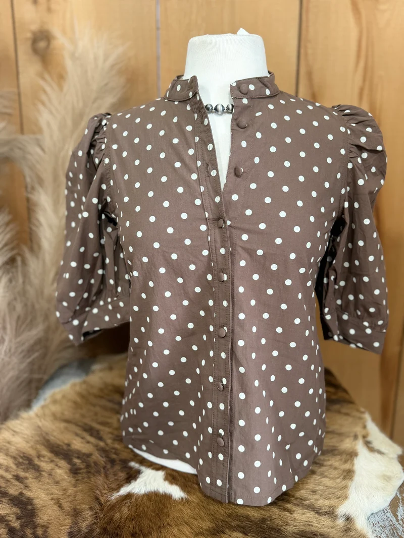 Mocha Polka Dot Button Down Top