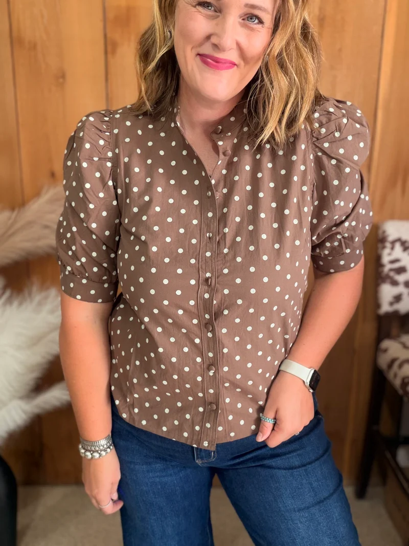 Mocha Polka Dot Button Down Top