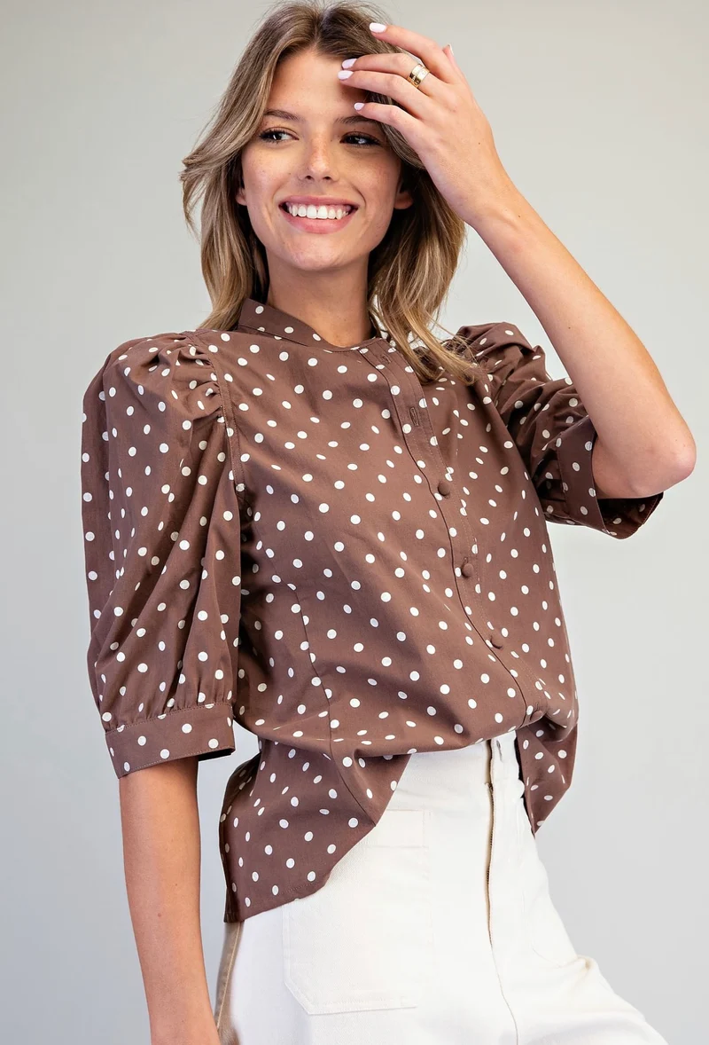Mocha Polka Dot Button Down Top