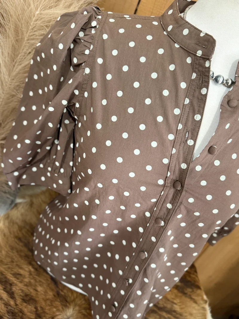 Mocha Polka Dot Button Down Top