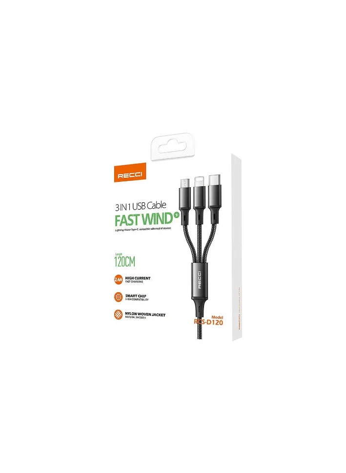 Recci RCS-D120 Fast Wind 3 in 1 USB Cable - 1.2M - Black