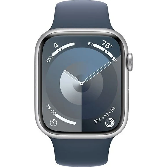 Apple Watch Series 9, 45mm M/L, Silver Aluminum Case with Blue Sport Band