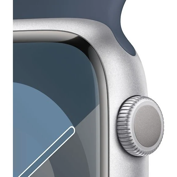 Apple Watch Series 9, 45mm M/L, Silver Aluminum Case with Blue Sport Band