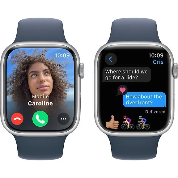 Apple Watch Series 9, 45mm M/L, Silver Aluminum Case with Blue Sport Band