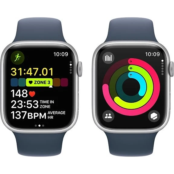 Apple Watch Series 9, 45mm M/L, Silver Aluminum Case with Blue Sport Band
