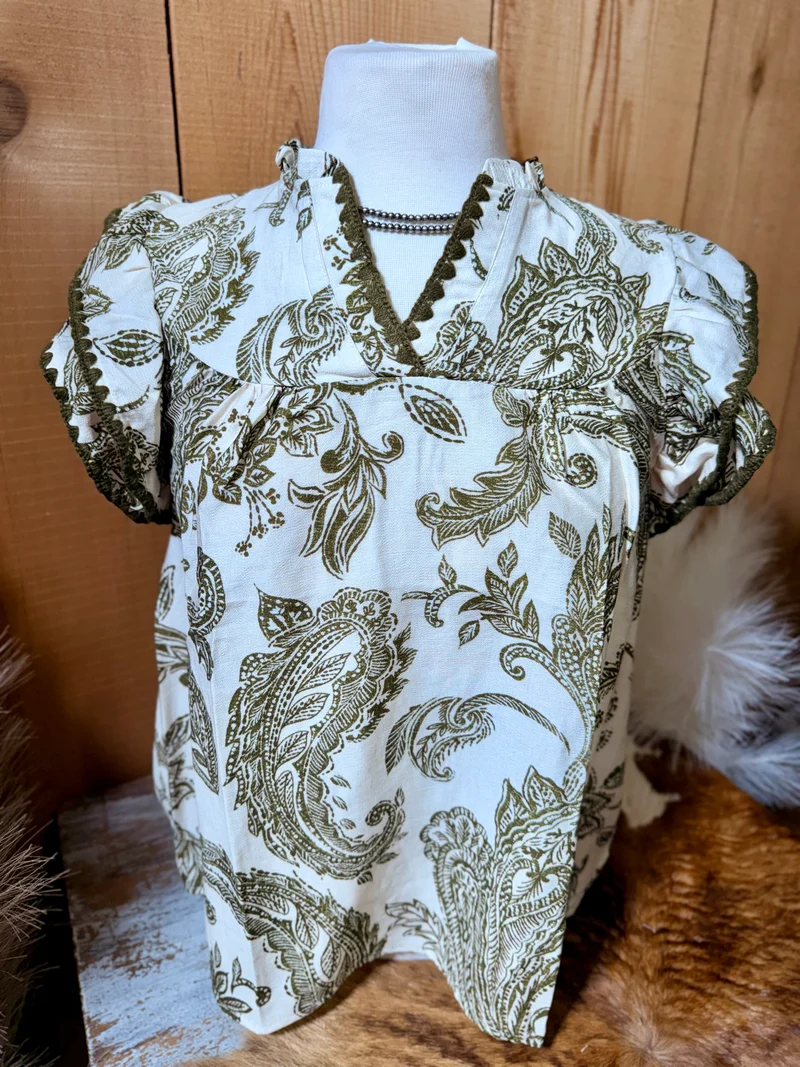 Olive Paisley Double Ruffle Top
