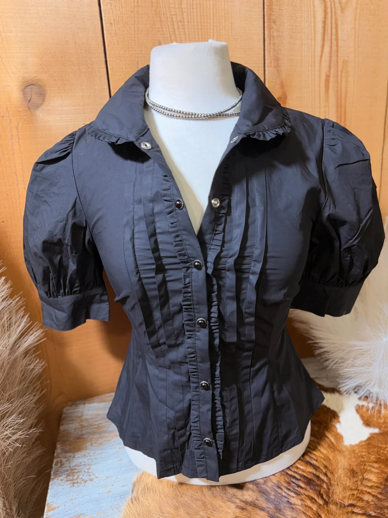 Black Puff Sleeve Button Down Top