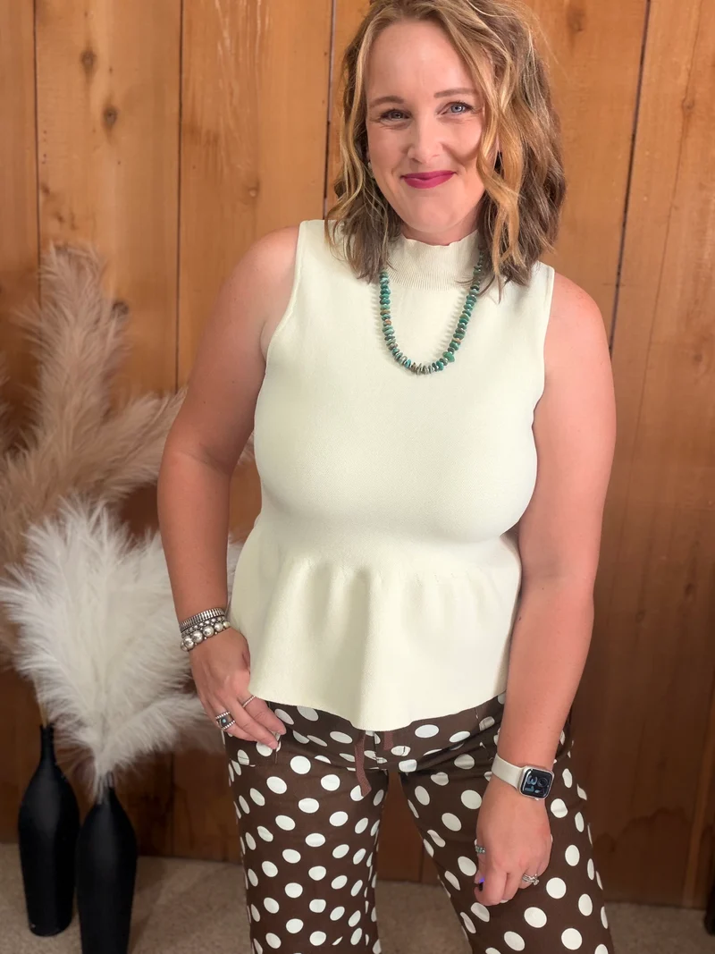 Stretchy Peplum Knit Tank - Cream