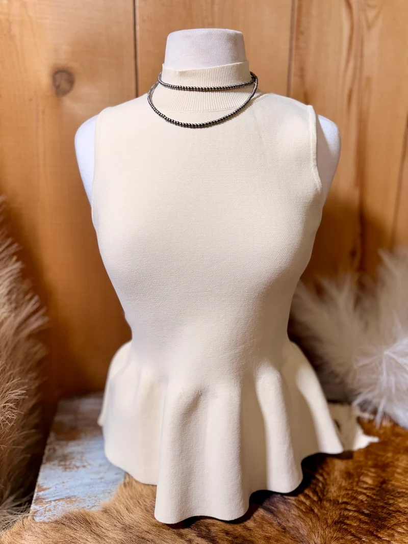 Stretchy Peplum Knit Tank - Cream