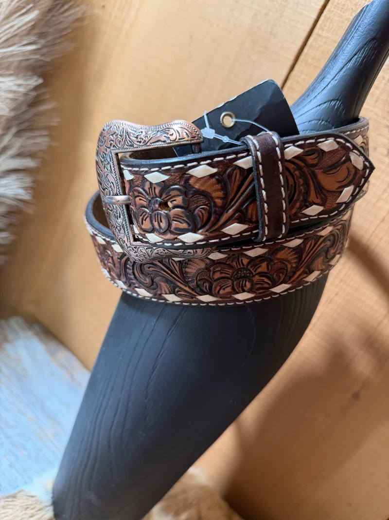 Brown Tooled Leather White Stitch Belt