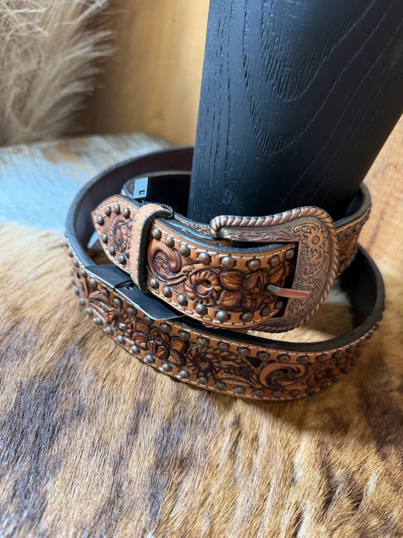 Brown Tooled Leather Studded Belt