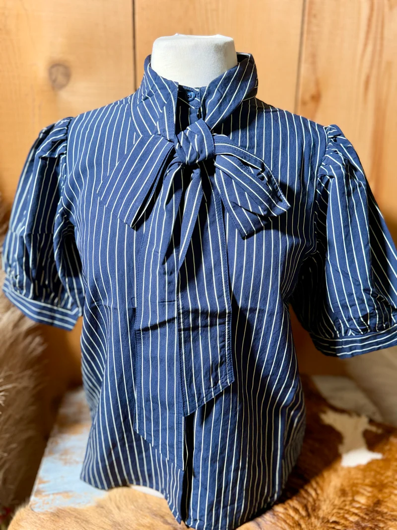 Navy Striped Bow Tie Button Up Top
