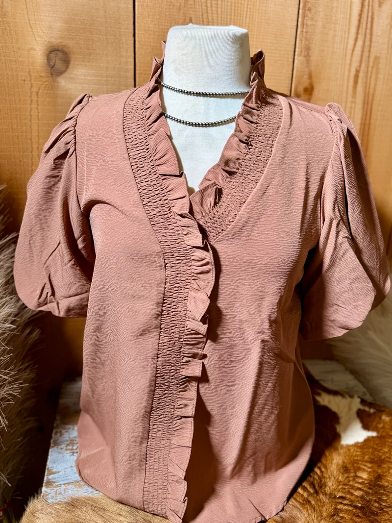 Ruffled V Neck Top - Dusty Rose