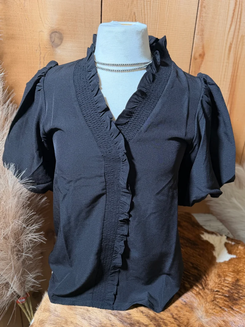 Ruffled V Neck Top - Black