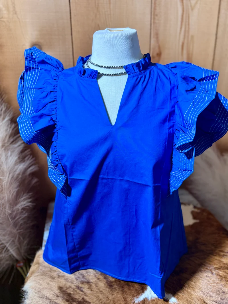 Blue Ruffle Sleeve Top