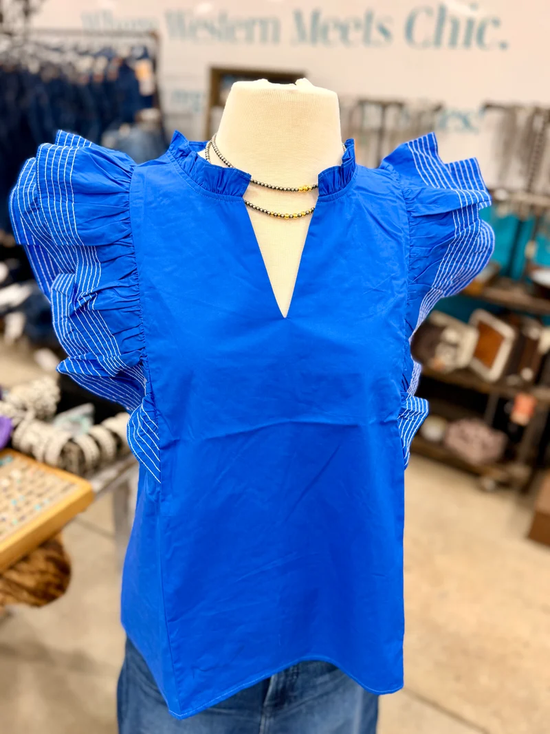 Blue Ruffle Sleeve Top