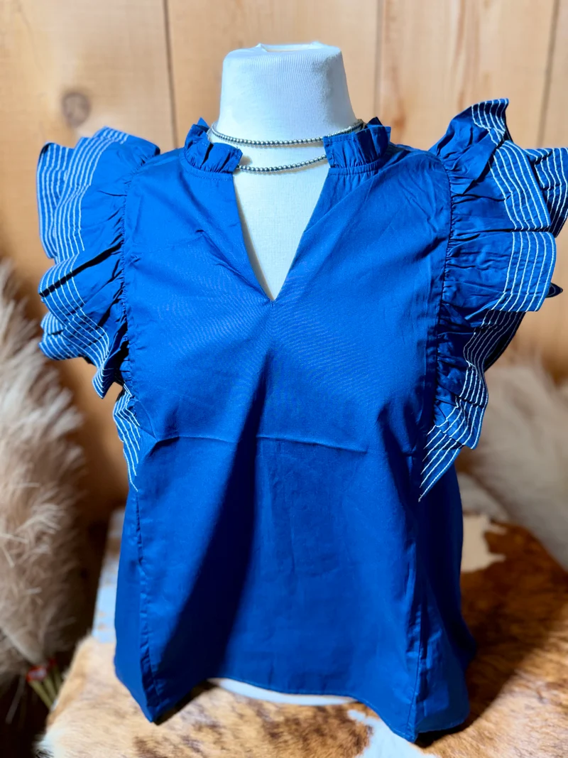 Navy Ruffle Sleeve Top