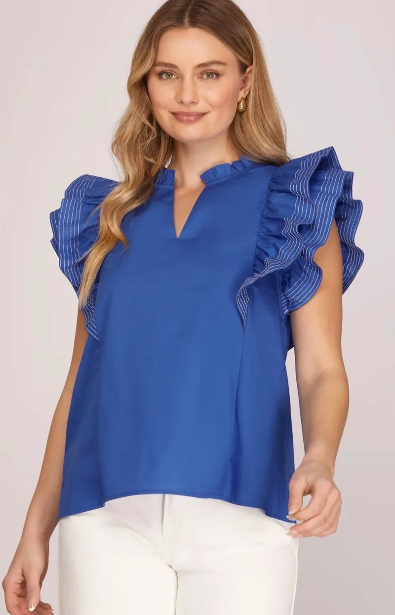 Navy Ruffle Sleeve Top
