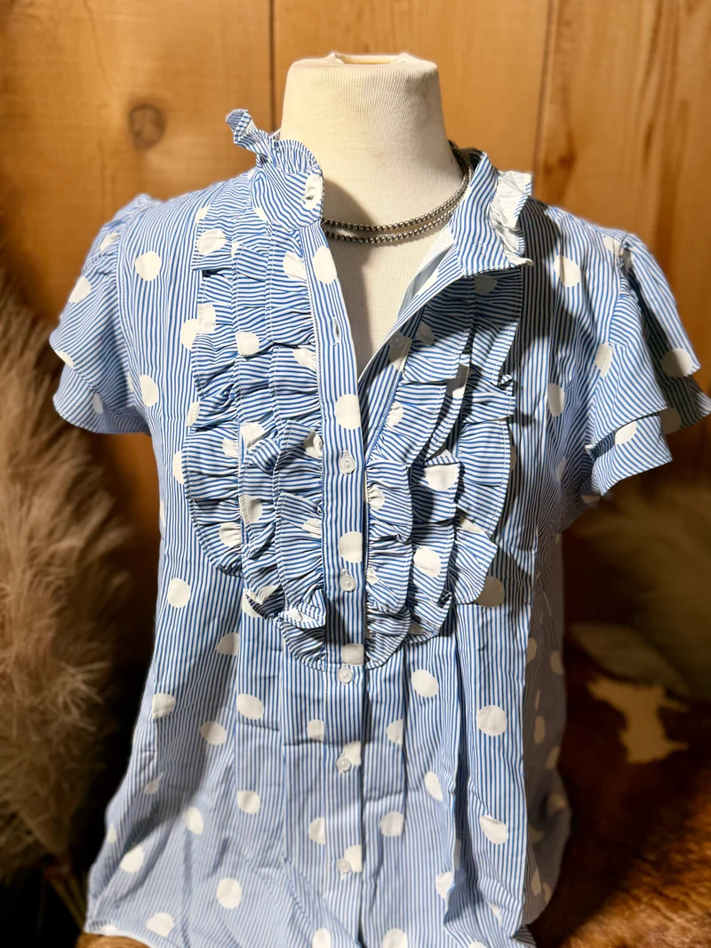 Blue Striped Polka Dot Button Down Top