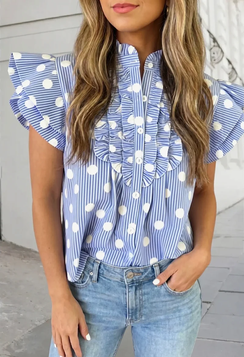 Blue Striped Polka Dot Button Down Top