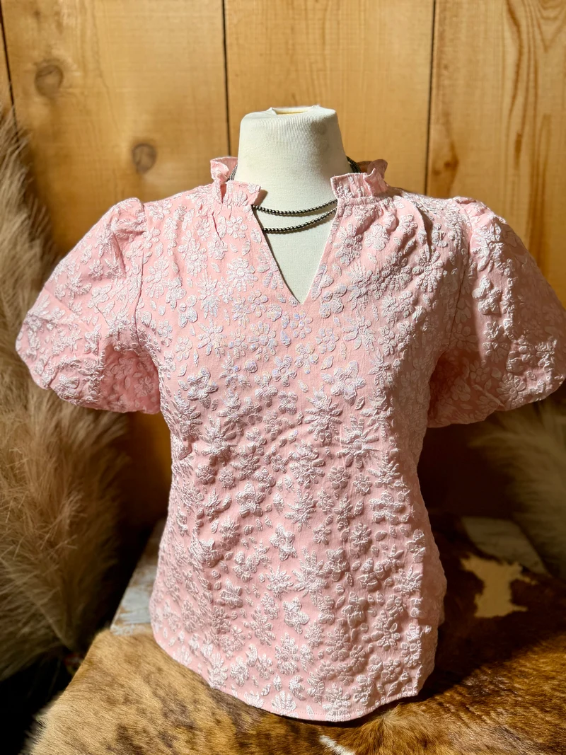 Floral Textured Puff Sleeve Top - Pink