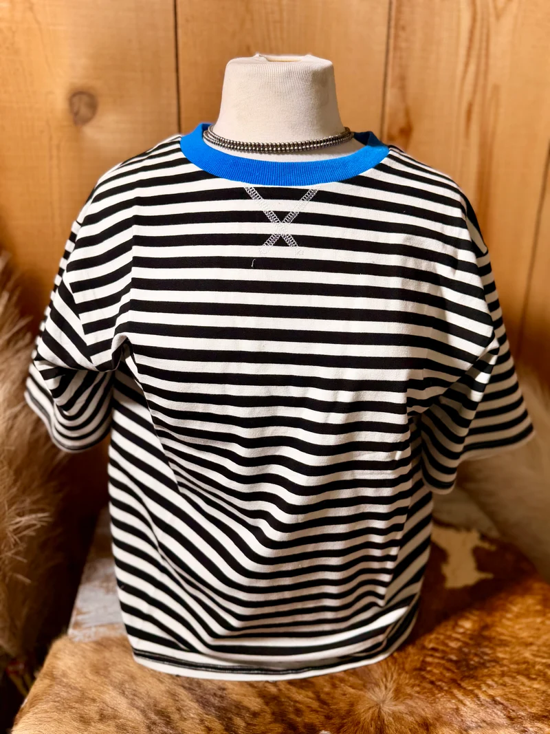 Black Striped Blue Trim Top