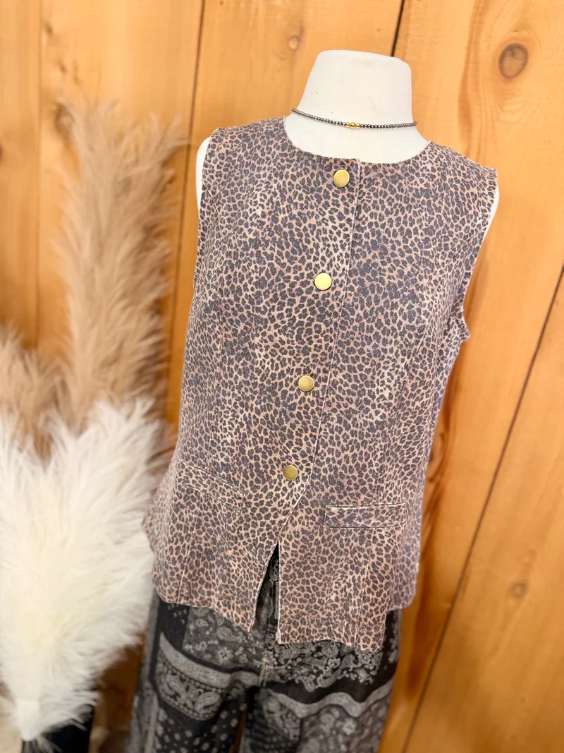 Leopard Denim Button Down Tank