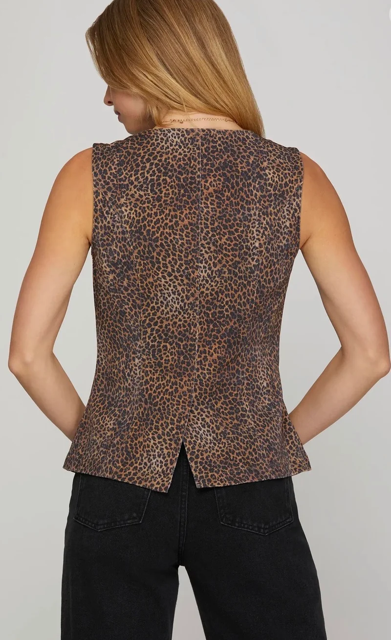 Leopard Denim Button Down Tank
